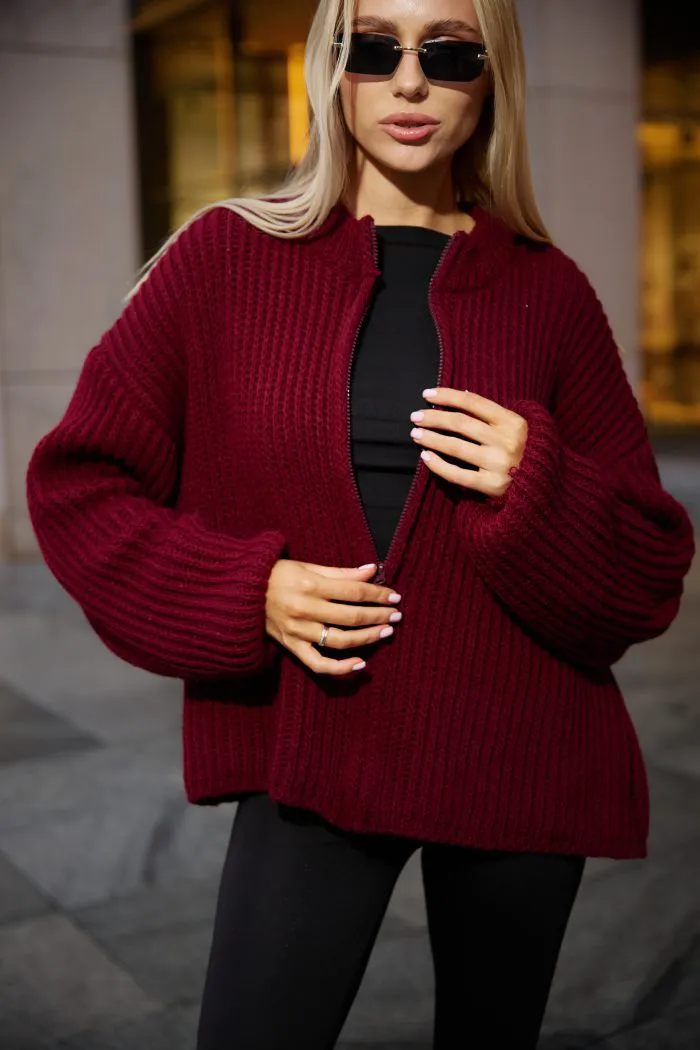 Вʼязаний светр oversize на блискавці жіночий бордо Фото - 2