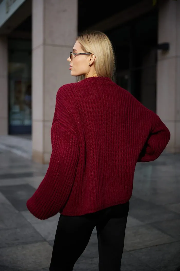 Вʼязаний светр oversize на блискавці жіночий бордо Фото - 4