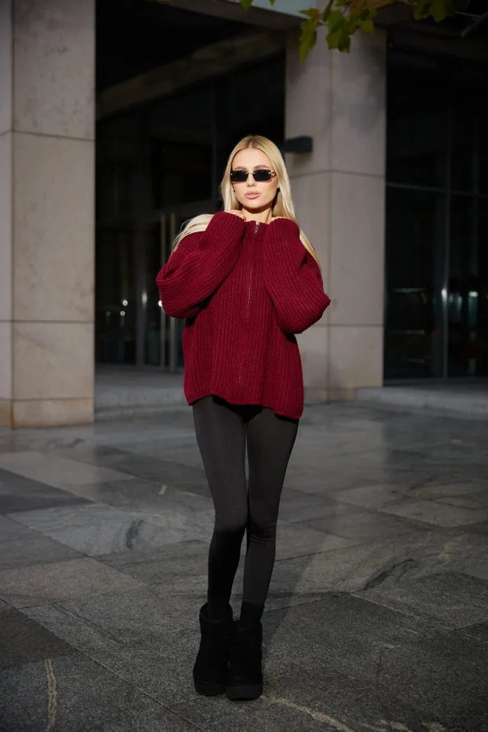 Вʼязаний светр oversize на блискавці жіночий бордо Фото - 5