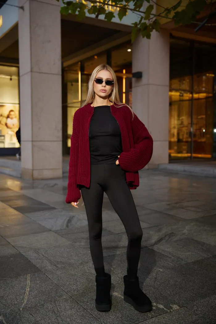 Вʼязаний светр oversize на блискавці жіночий бордо Фото - 3