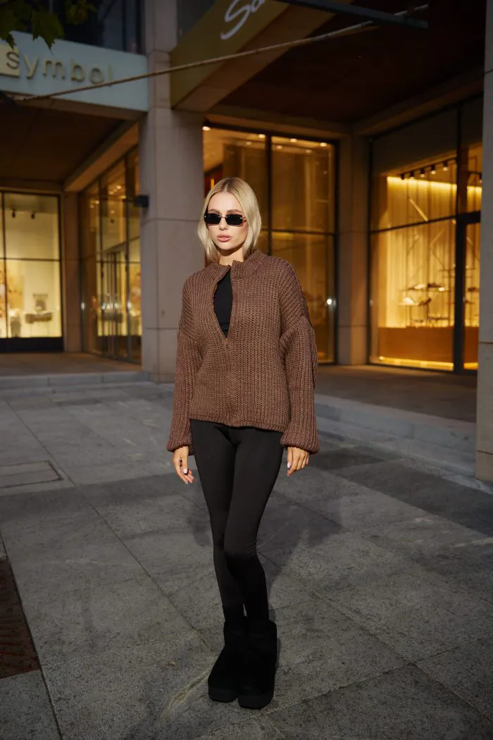 Вʼязаний светр oversize на блискавці жіночий шоколад Фото - 5