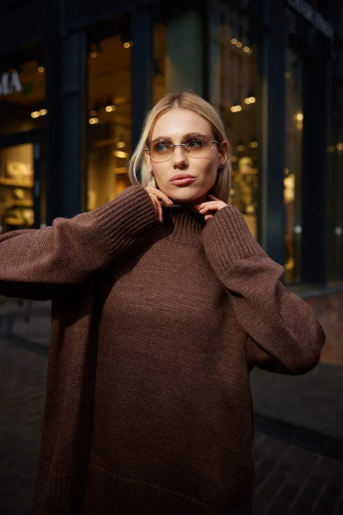 Вʼязаний светр oversize під горло жіночий шоколад Фото - 2