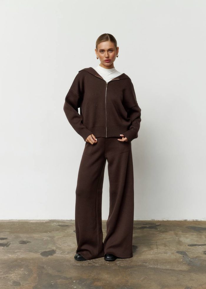 Костюм в’язаний з капюшоном жіночий шоколад Фото - 1