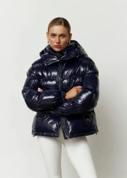 Пуховик жіночий з лакової тканини синій