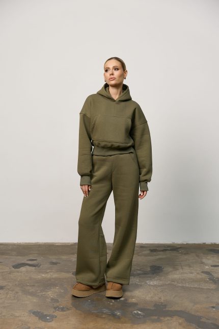Костюм реглан кроп на флісі жіночий олива