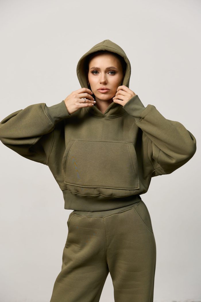 Костюм реглан кроп на флісі жіночий олива Фото - 4