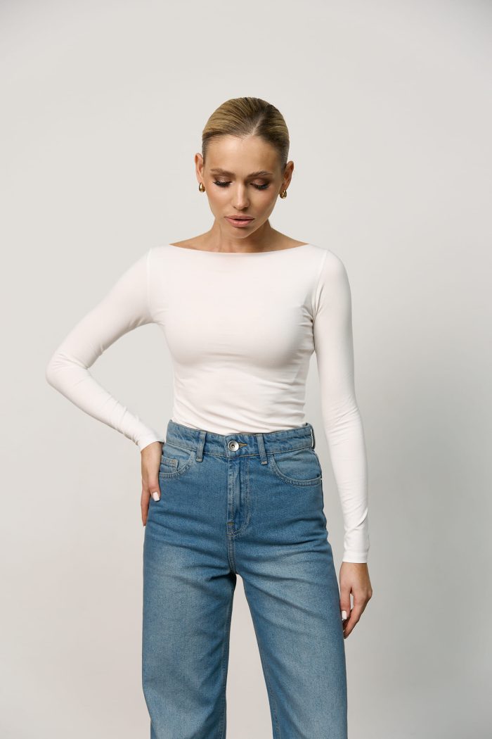 Лонгслів skims з необробленим горлом жіночий молочний Фото - 5