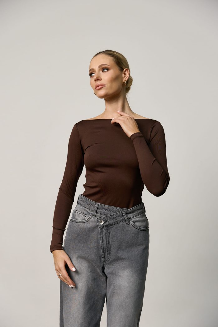 Лонгслів skims з необробленим горлом жіночий шоколад Фото - 1