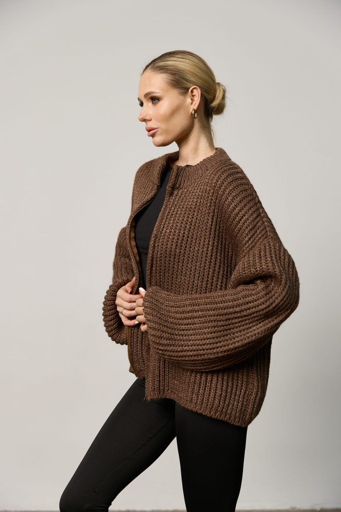 Вʼязаний светр oversize на блискавці жіночий шоколад Фото - 3