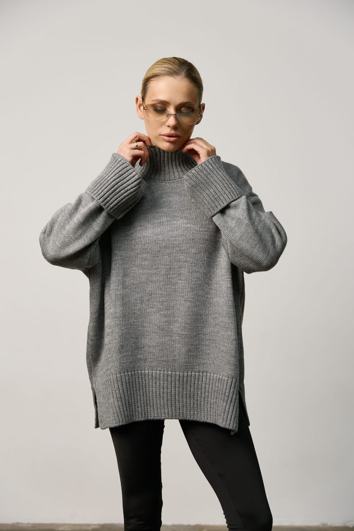 IMG_5938 (1) Вʼязаний светр oversize під горло жіночий сірий Фото - 5