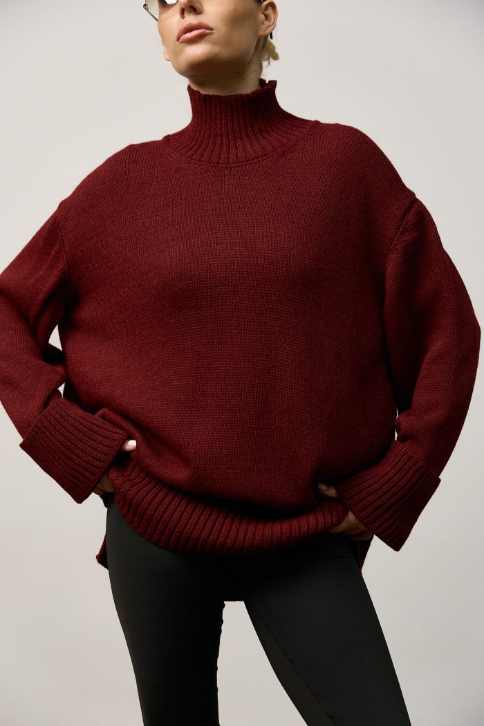 IMG_5944 (1) Вʼязаний светр oversize під горло жіночий бордо Фото - 3