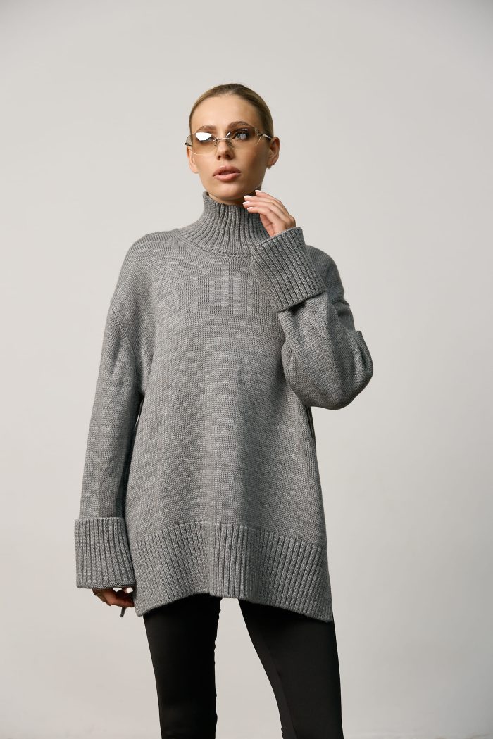 IMG_5955 (1) Вʼязаний светр oversize під горло жіночий сірий Фото - 1