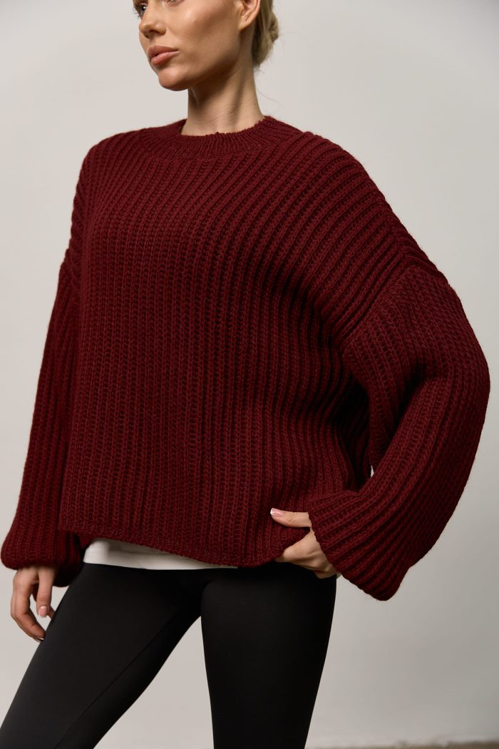 Вʼязаний светр oversize жіночий бордо Фото - 4