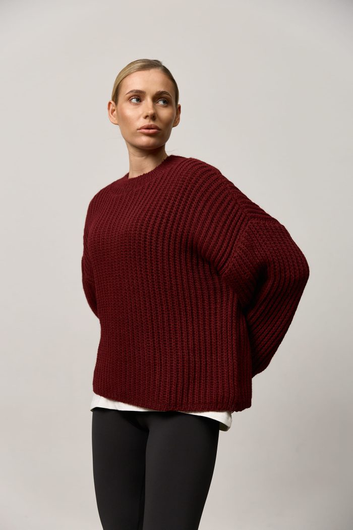 Вʼязаний светр oversize жіночий бордо Фото - 5