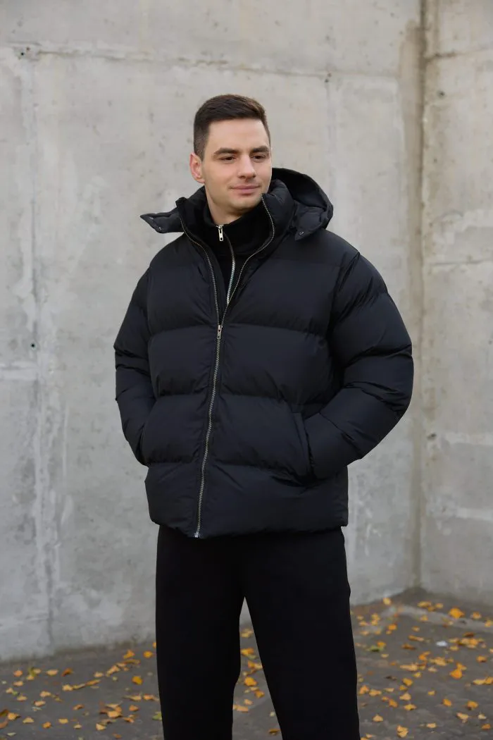 Пуховик чоловічий з капюшоном чорний Фото - 1