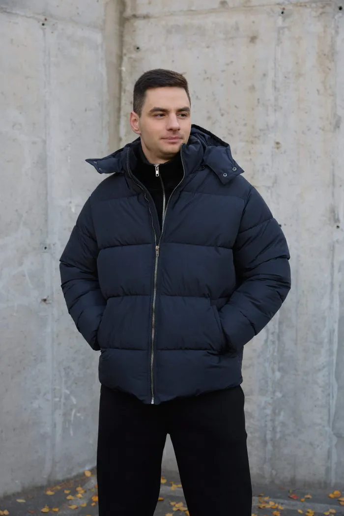 Пуховик чоловічий з капюшоном темно-синій Фото - 1