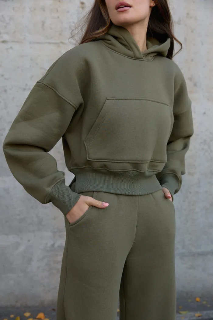 Костюм реглан кроп на флісі жіночий олива Фото - 4