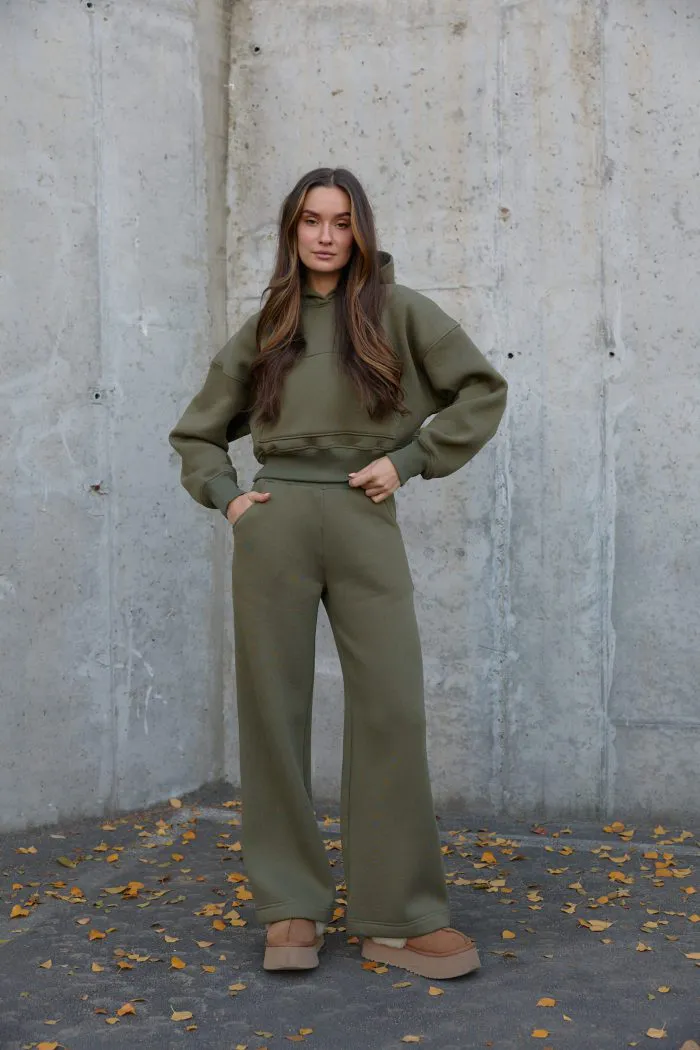 Костюм реглан кроп на флісі жіночий олива Фото - 1