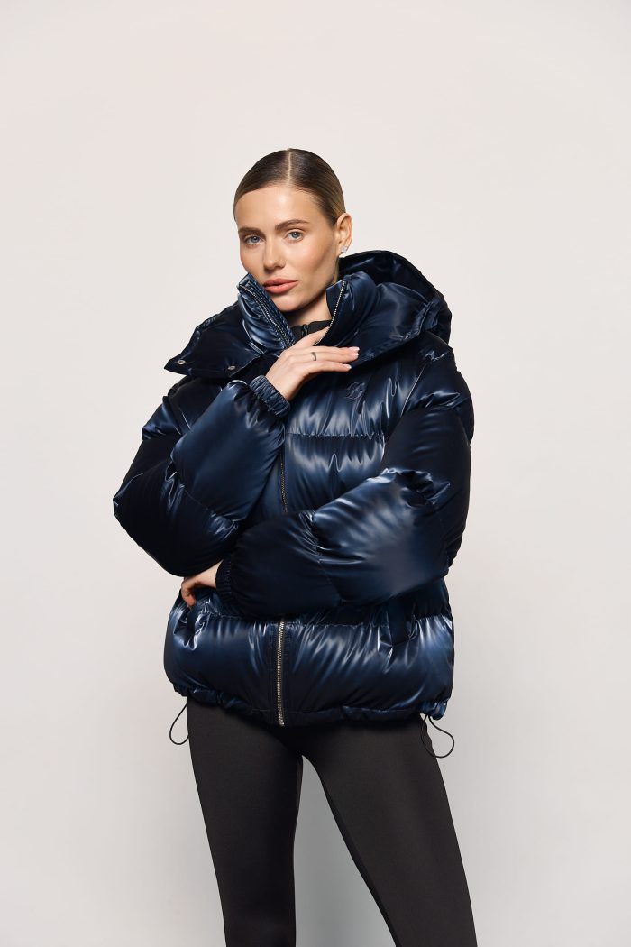 Пуховик жіночий оксамитовий темно-синій Фото - 4