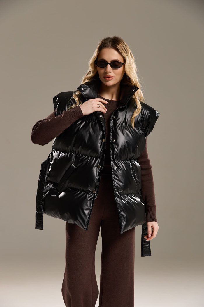 Жилетка NEW з поясом жіноча чорна Фото - 2