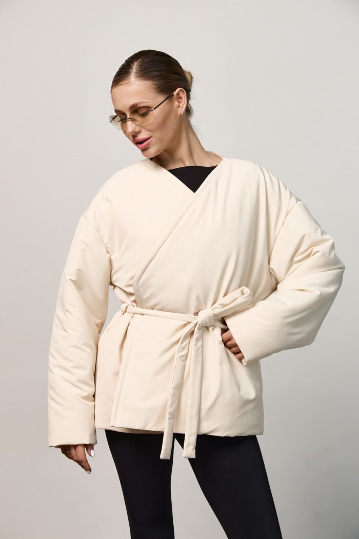 IMG_1898 Куртка з поясом жіноча демісезонна молочна Фото - 1