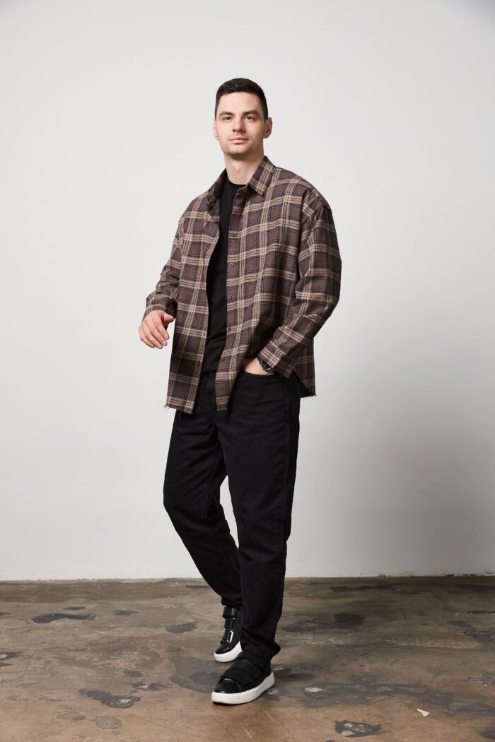IMG_2165 (1) Сорочка чоловіча у клітинку з необробленим краєм шоколад Фото - 1