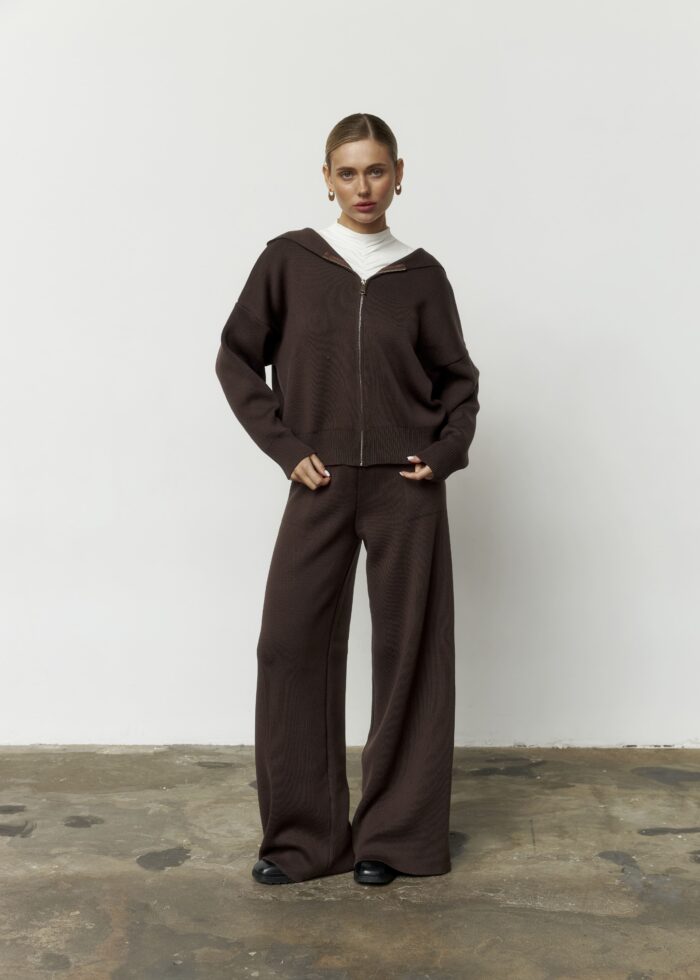 Костюм в’язаний з капюшоном жіночий шоколад Фото - 1