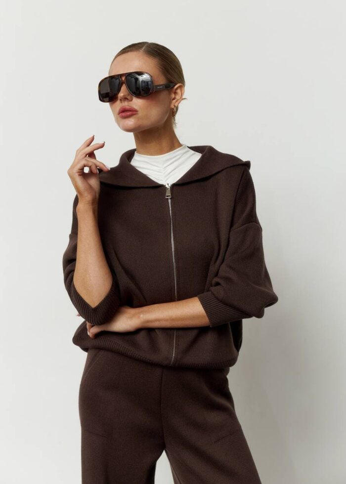 Костюм в’язаний з капюшоном жіночий шоколад Фото - 3