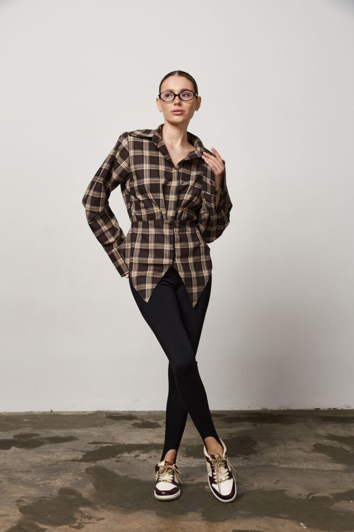 Сорочка приталена у клітинку жіноча шоколад Фото - 5