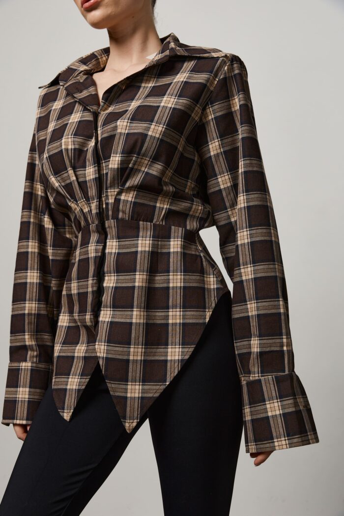 Сорочка приталена у клітинку жіноча шоколад Фото - 2