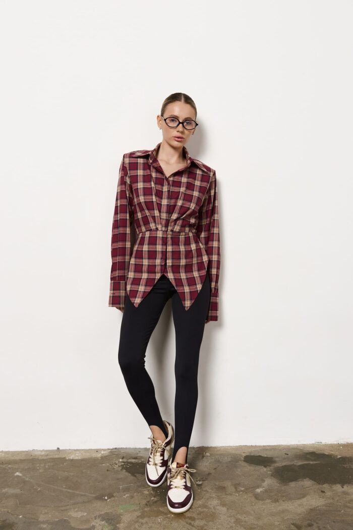 Сорочка приталена у клітинку жіноча бордо Фото - 3