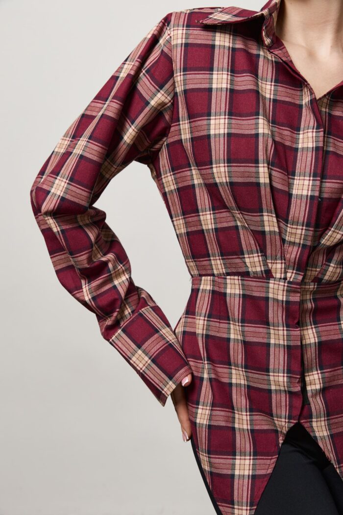 Сорочка приталена у клітинку жіноча бордо Фото - 2