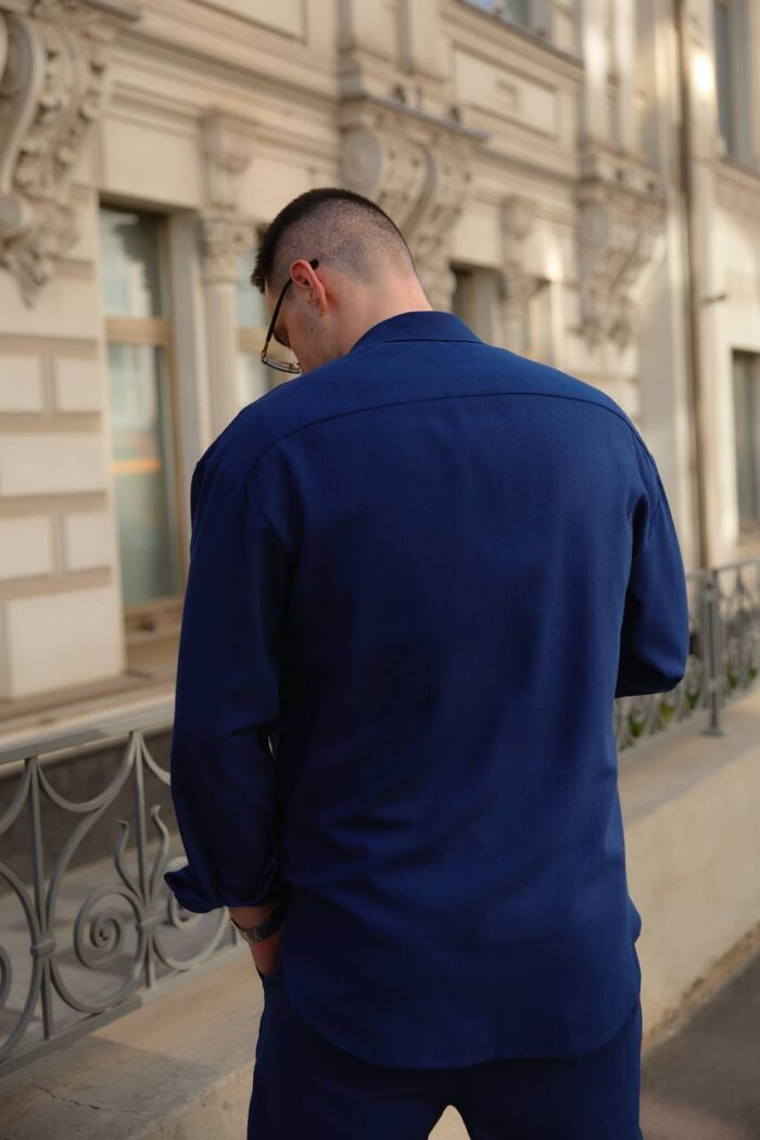 IMG_2016 Сорочка чоловіча на гудзиках з довгим рукавом з льону синя Фото - 3