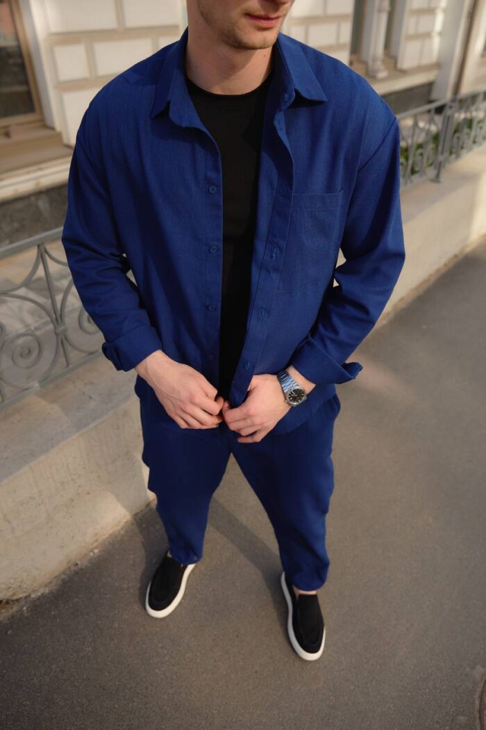 Сорочка чоловіча на гудзиках з довгим рукавом з льону синя Фото - 2