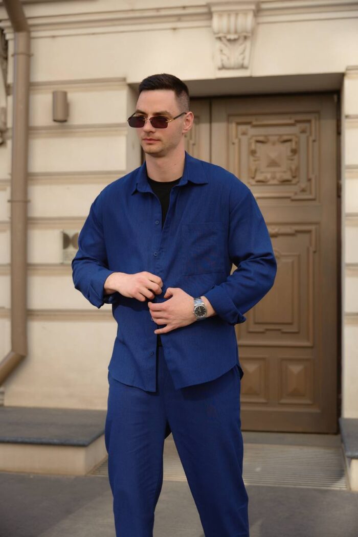 Сорочка чоловіча на гудзиках з довгим рукавом з льону синя Фото - 4