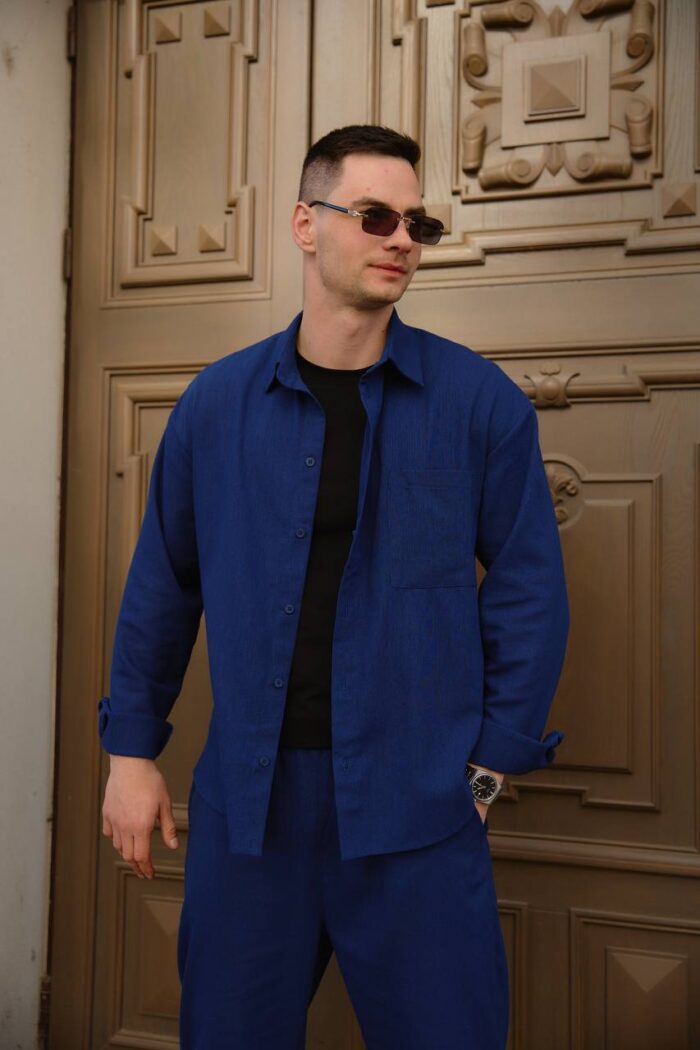 Сорочка чоловіча на гудзиках з довгим рукавом з льону синя Фото - 1