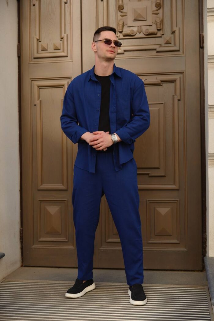 IMG_2026 Сорочка чоловіча на гудзиках з довгим рукавом з льону синя Фото - 5