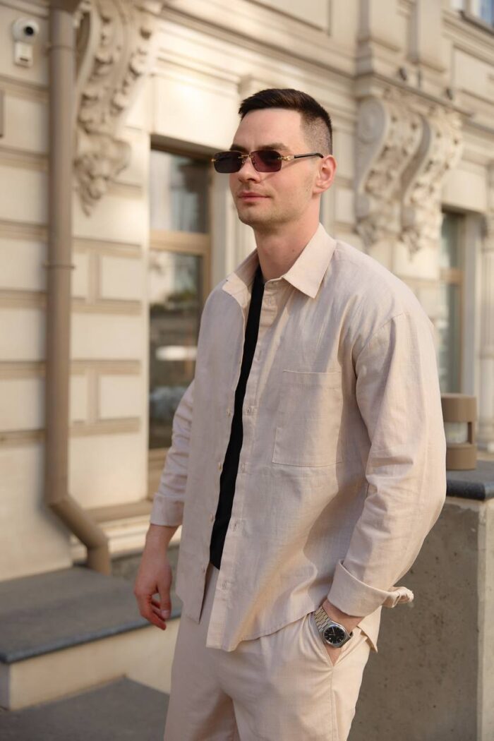 IMG_2032 Сорочка чоловіча на гудзиках з довгим рукавом з льону бежева Фото - 1