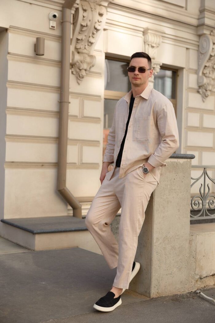 Сорочка чоловіча на гудзиках з довгим рукавом з льону бежева Фото - 2