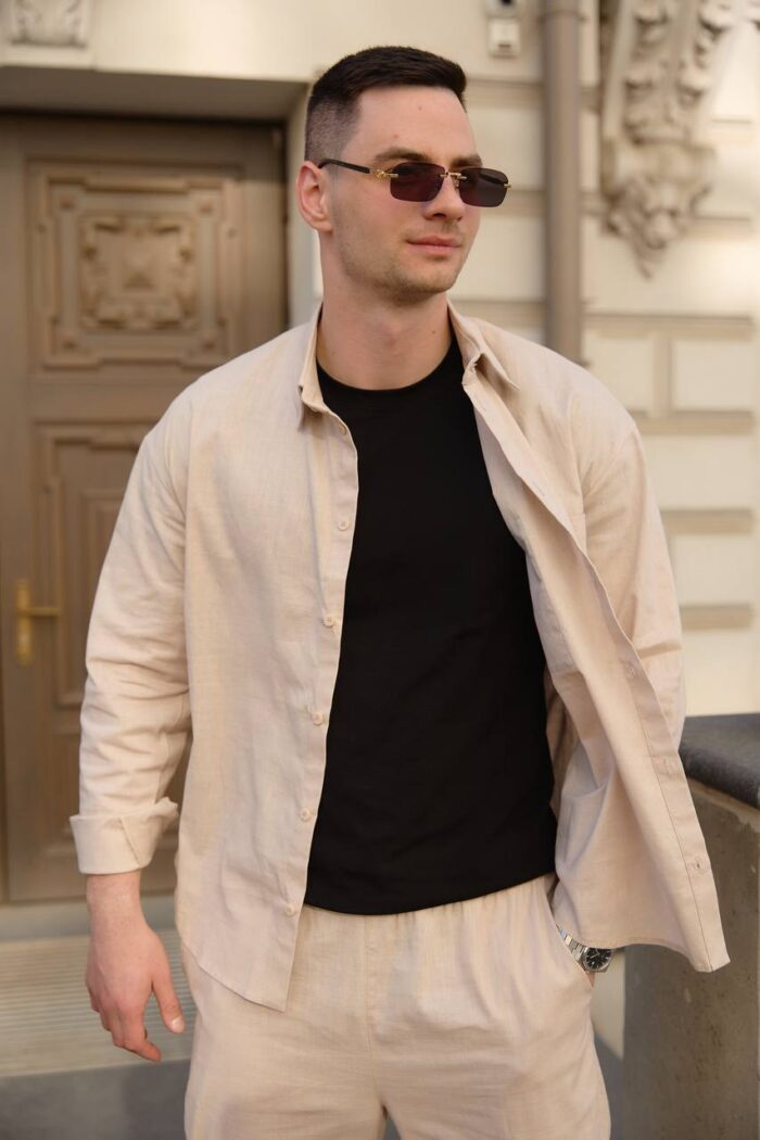 IMG_2039 Сорочка чоловіча на гудзиках з довгим рукавом з льону бежева Фото - 3