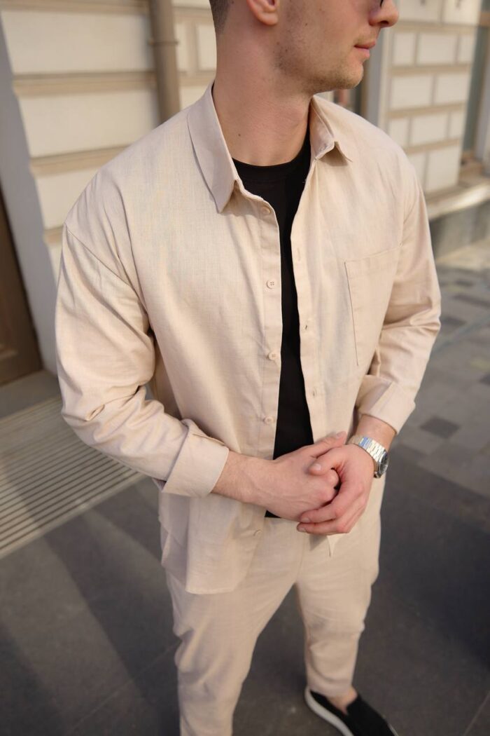 Сорочка чоловіча на гудзиках з довгим рукавом з льону бежева Фото - 4