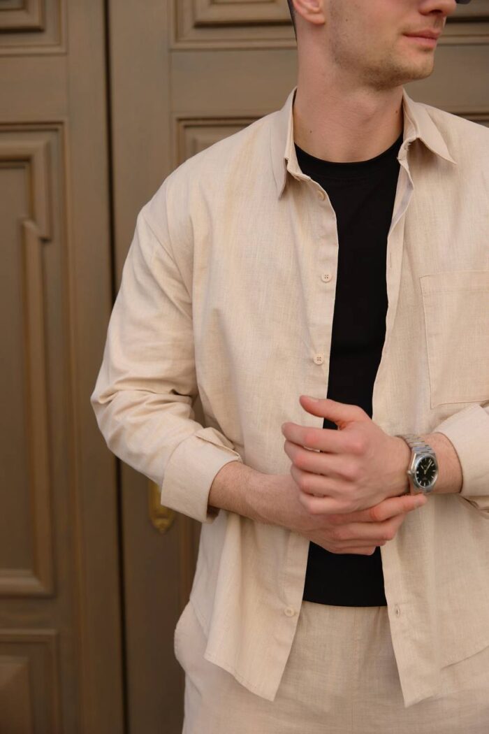 IMG_2046 Сорочка чоловіча на гудзиках з довгим рукавом з льону бежева Фото - 5