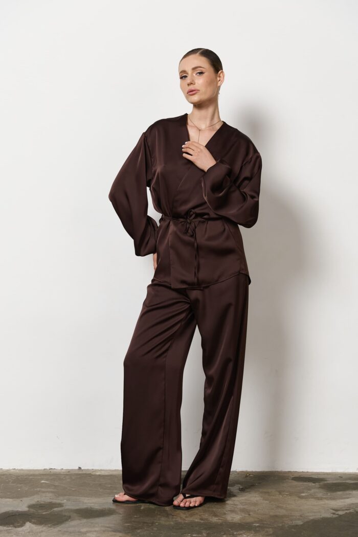 IMG_7809 Сорочка з поясом сатин жіноча шоколад Фото - 1