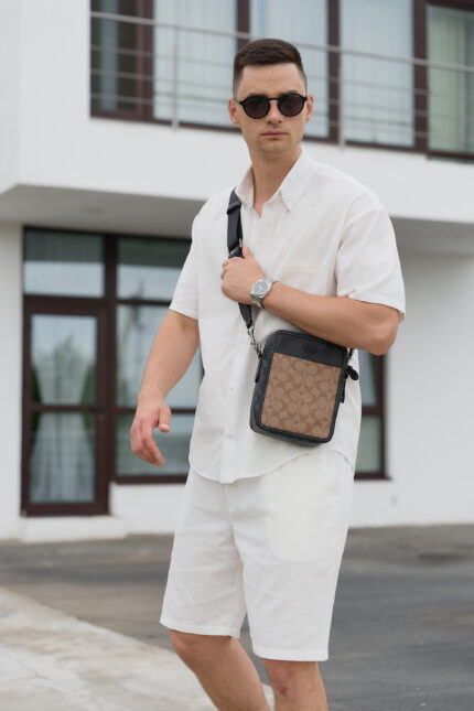 Сорочка чоловіча на ґудзиках з коротким рукавом з льону молочна