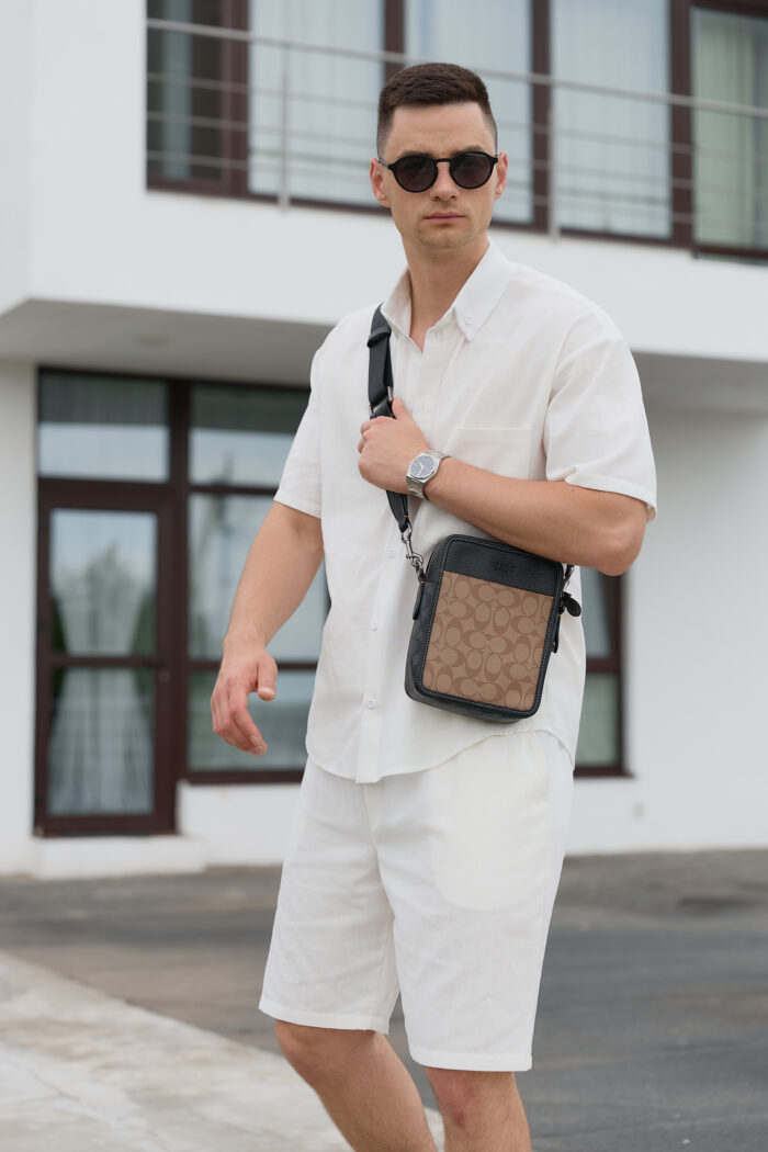 Сорочка чоловіча на ґудзиках з коротким рукавом з льону молочна Фото - 2