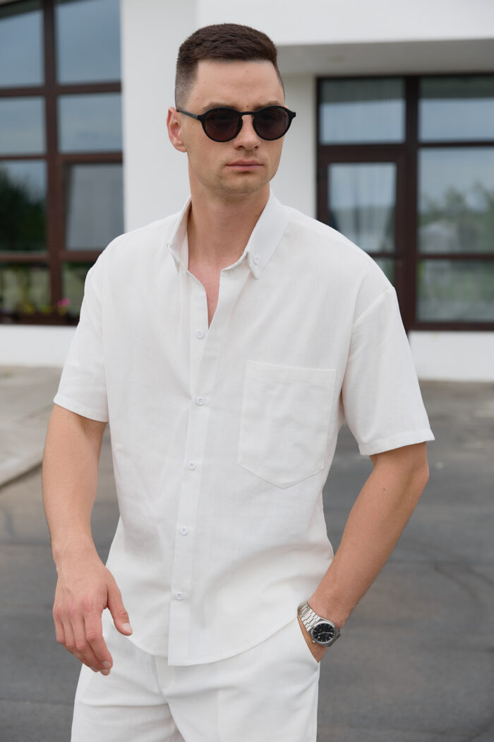 IMG_8103 Сорочка чоловіча на ґудзиках з коротким рукавом з льону молочна Фото - 1