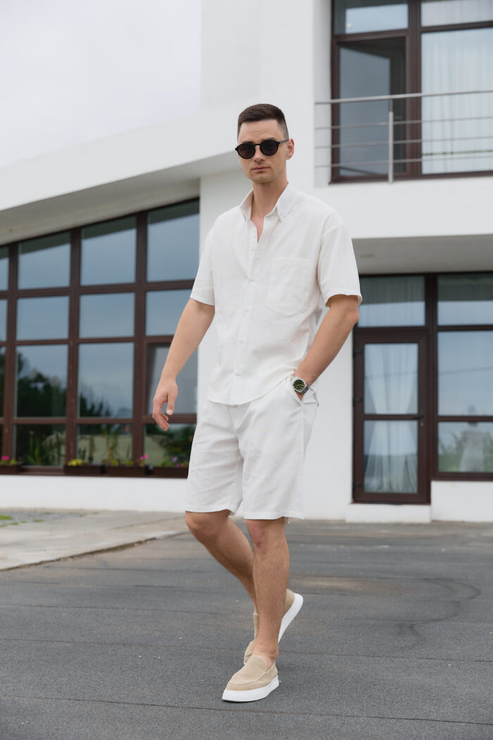 IMG_8107 Сорочка чоловіча на ґудзиках з коротким рукавом з льону молочна Фото - 4