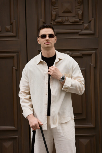 Сорочка чоловіча на гудзиках з довгим рукавом з льону бежева