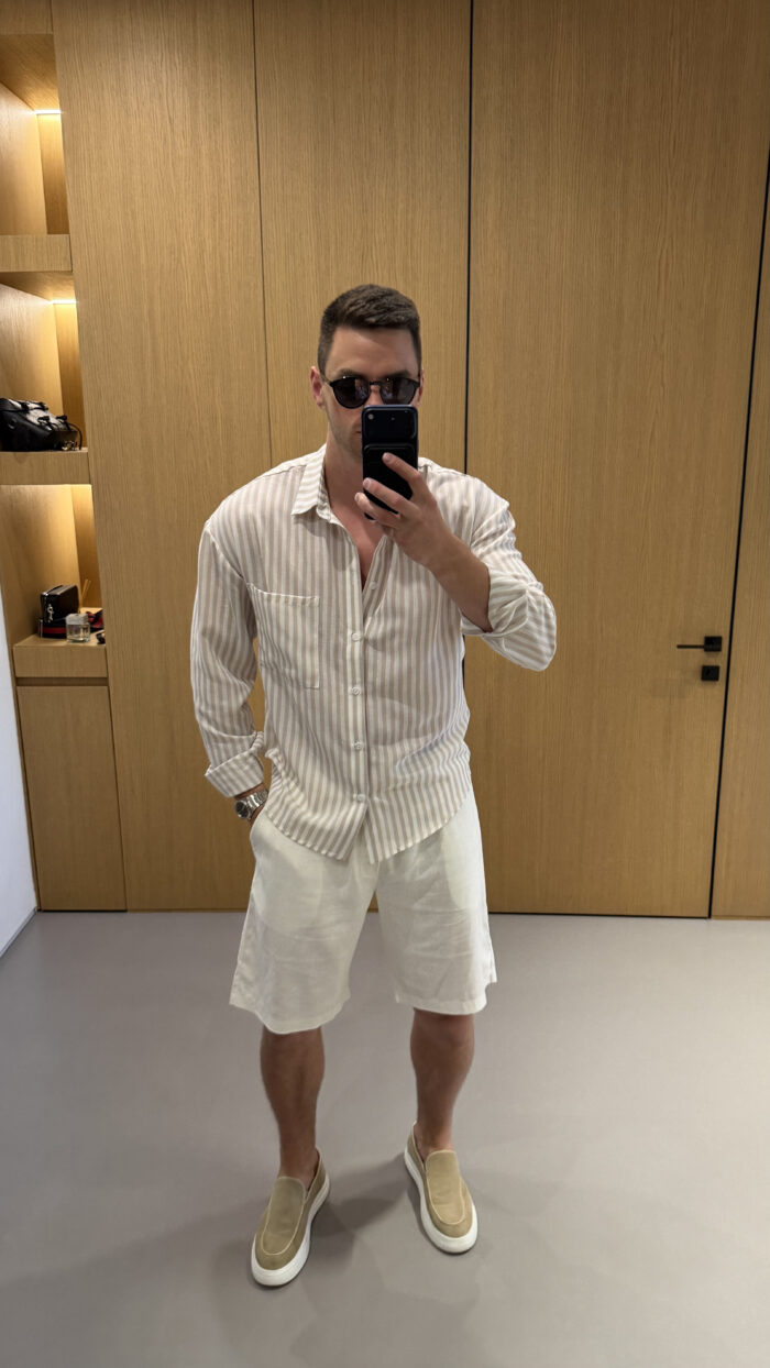 IMG_2422 (1) Комплект сорочка чоловіча у смужку беж та шорти з льону Фото - 3
